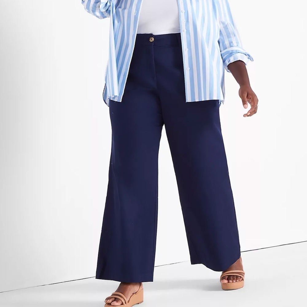 Lane Bryant Tailored Wide Leg Chino Pants Mid Rise Navy Blue 16P 16 Petite F2